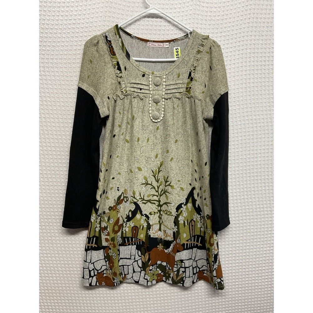 Pura Vida Vintage Fairy Tale Colorblock Tunic Long Slv Green Gray Dress Size M
